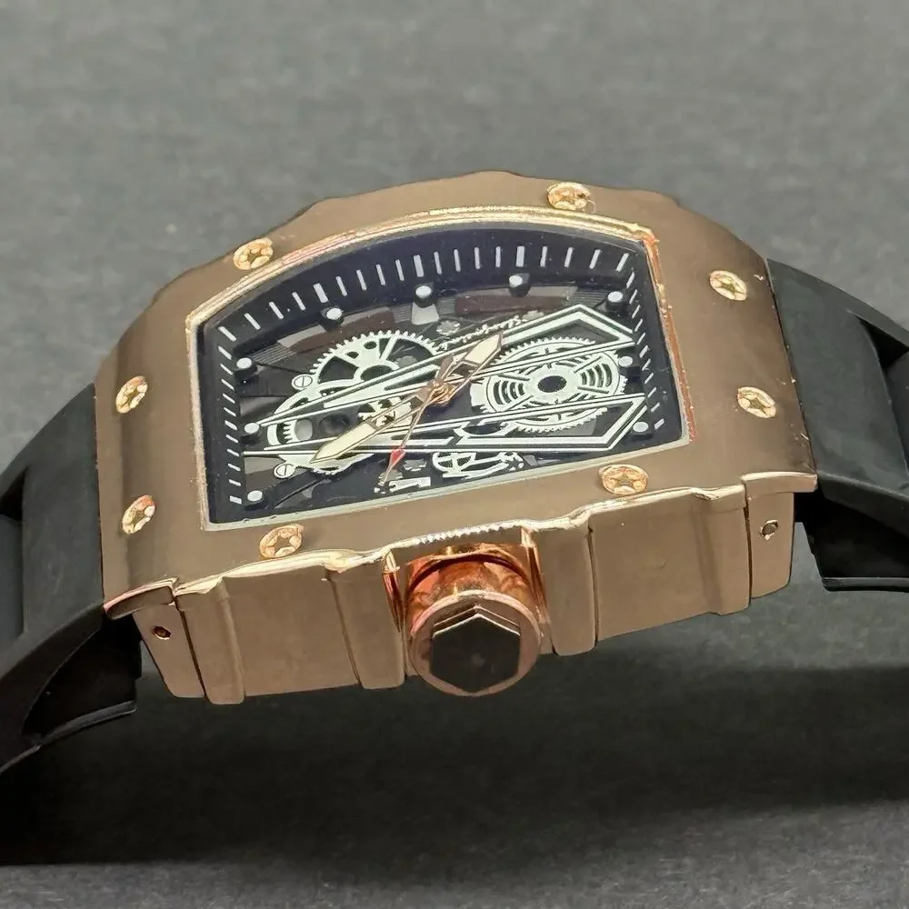 Rose Gold Tone Tonneau Men's Watch Heavy Face Black Silicone Rubber Sport Band